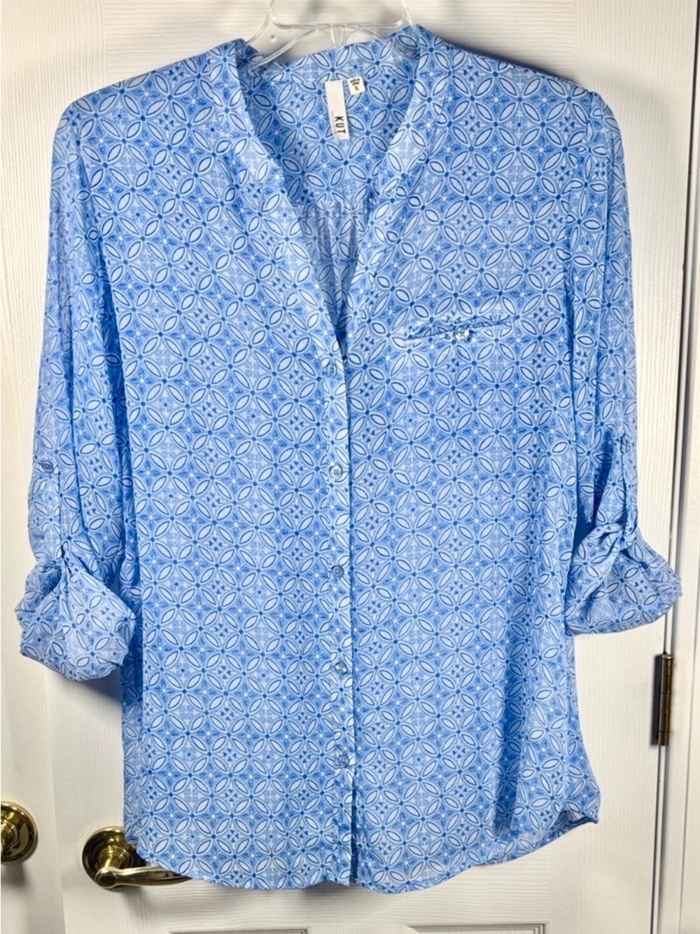 Kut from the Kloth Jasmine Chiffon Sheer Blouse Geometric Pattern Blue XL